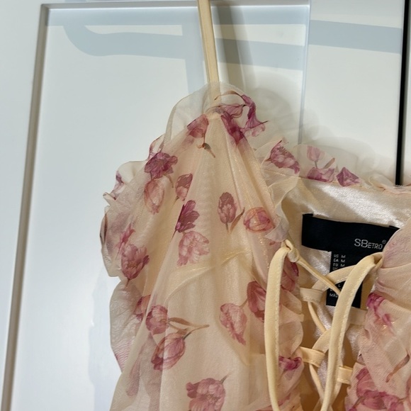 SBeteo Slip Lace Up Front Ruched Floral Mesh Mini Dress Women Size M - Picture 12 of 17